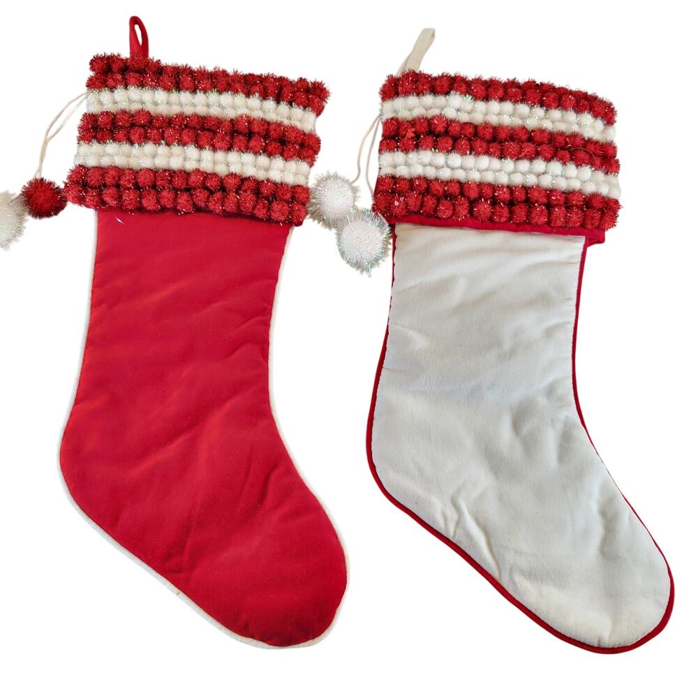 Christmas Stockings Set 2 Red White 19" Striped Pom Pom Holiday Fireplace Decor